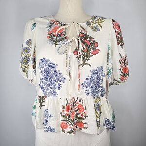 CeCe Floral Tie-Neck Peplum Top Ivory Multi Size L NWT